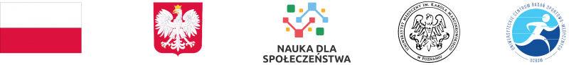 Flaga i godło Polski, logo programu Nauka dla Społeczeństwa, logo Uniwersytetu Medycznego w Poznaniu i logo UCBSM