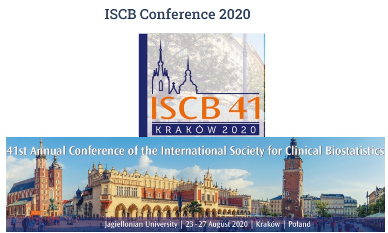 Grafika ISCB Conference 2020: logo ISCB 41 Kraków 2020 i panorama Rynku Głównego w Krakowie z napisem: 41st Annual Conference of the International Society for Clinical Biostatistics, Jagiellonian University, 23–27 August 2020